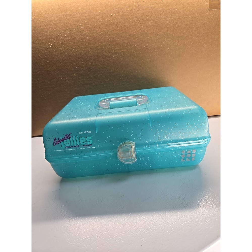 Vintage Caboodles Jellies Organizer Vanity Teal Blue Glitter Makeup Case 2762